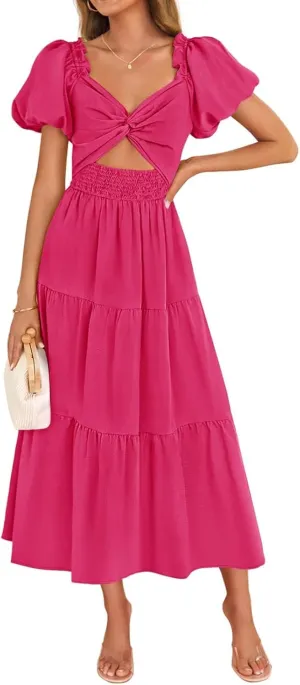 Summer Maxi Smocked Dresses for Women 2025 Vacation Cut Out Knot Long Flowy Tiered Short Puff Sleeve V Neck A Line Dress