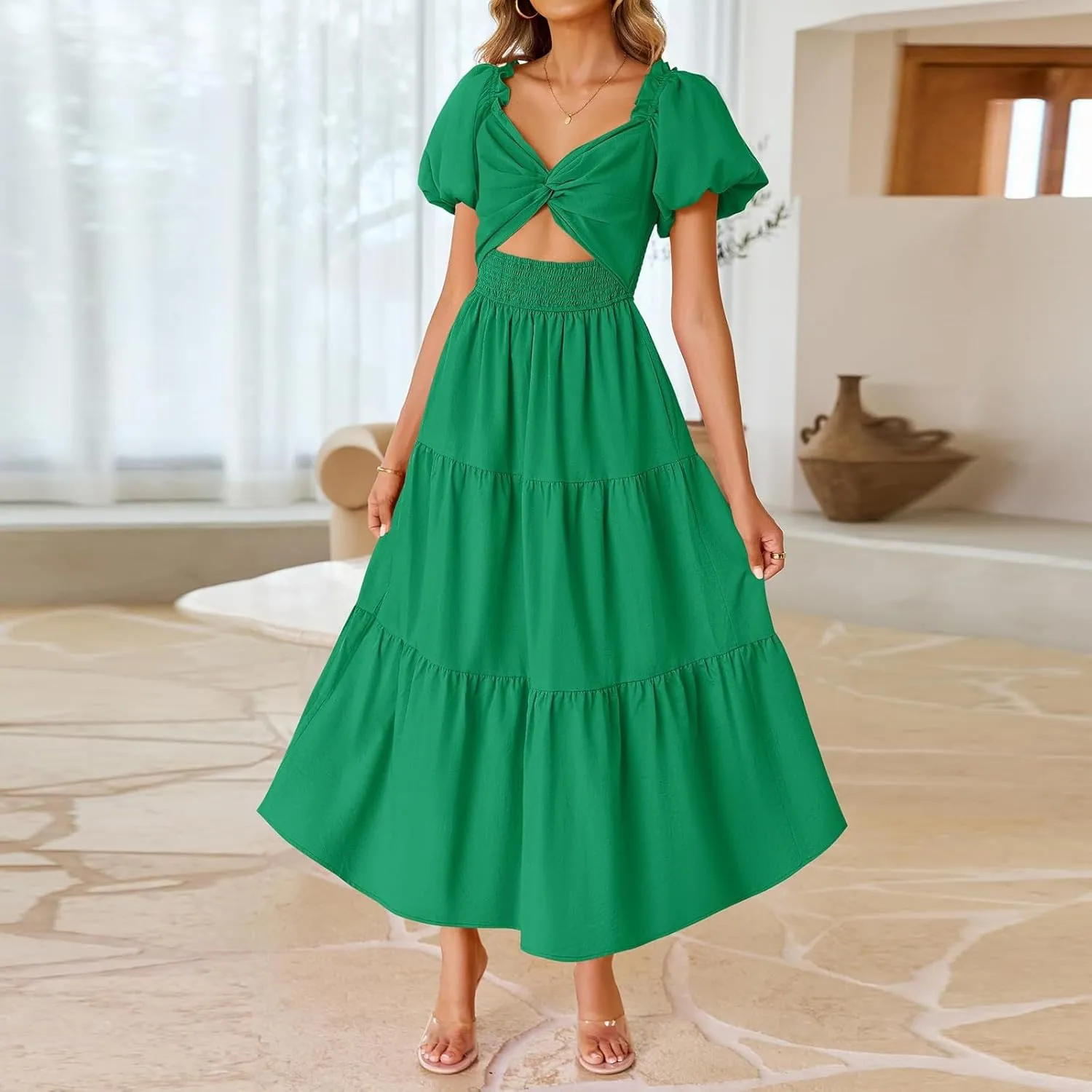 Summer Maxi Smocked Dresses for Women 2025 Vacation Cut Out Knot Long Flowy Tiered Short Puff Sleeve V Neck A Line Dress