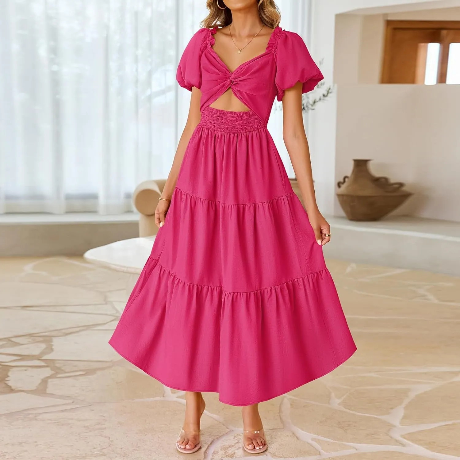Summer Maxi Smocked Dresses for Women 2025 Vacation Cut Out Knot Long Flowy Tiered Short Puff Sleeve V Neck A Line Dress