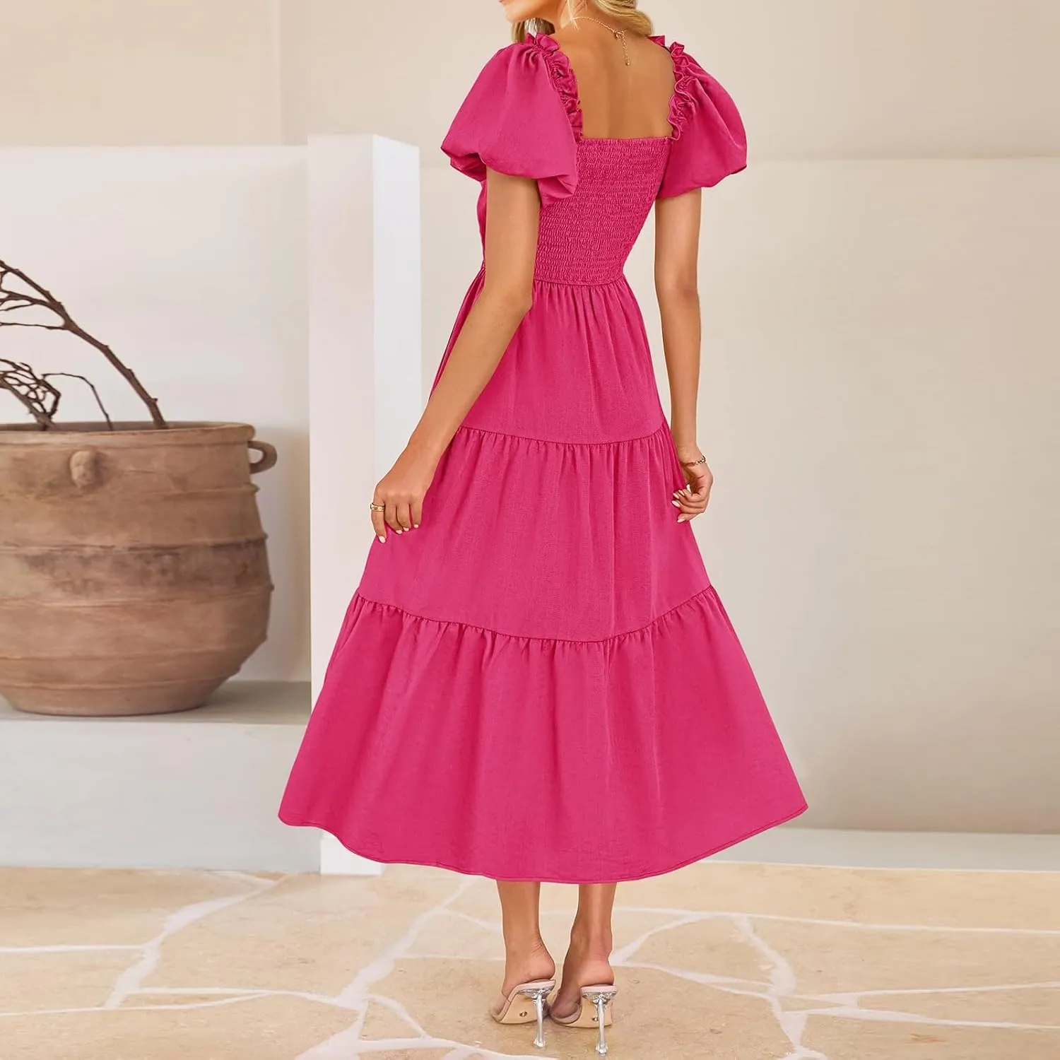 Summer Maxi Smocked Dresses for Women 2025 Vacation Cut Out Knot Long Flowy Tiered Short Puff Sleeve V Neck A Line Dress