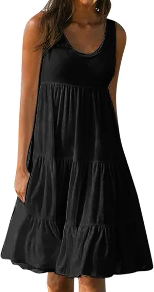 Sundresses for Women 2025 Sleeveless Cute Petite Mini Dress Tiered Summer Flowy Boho Sundress Beach Wear
