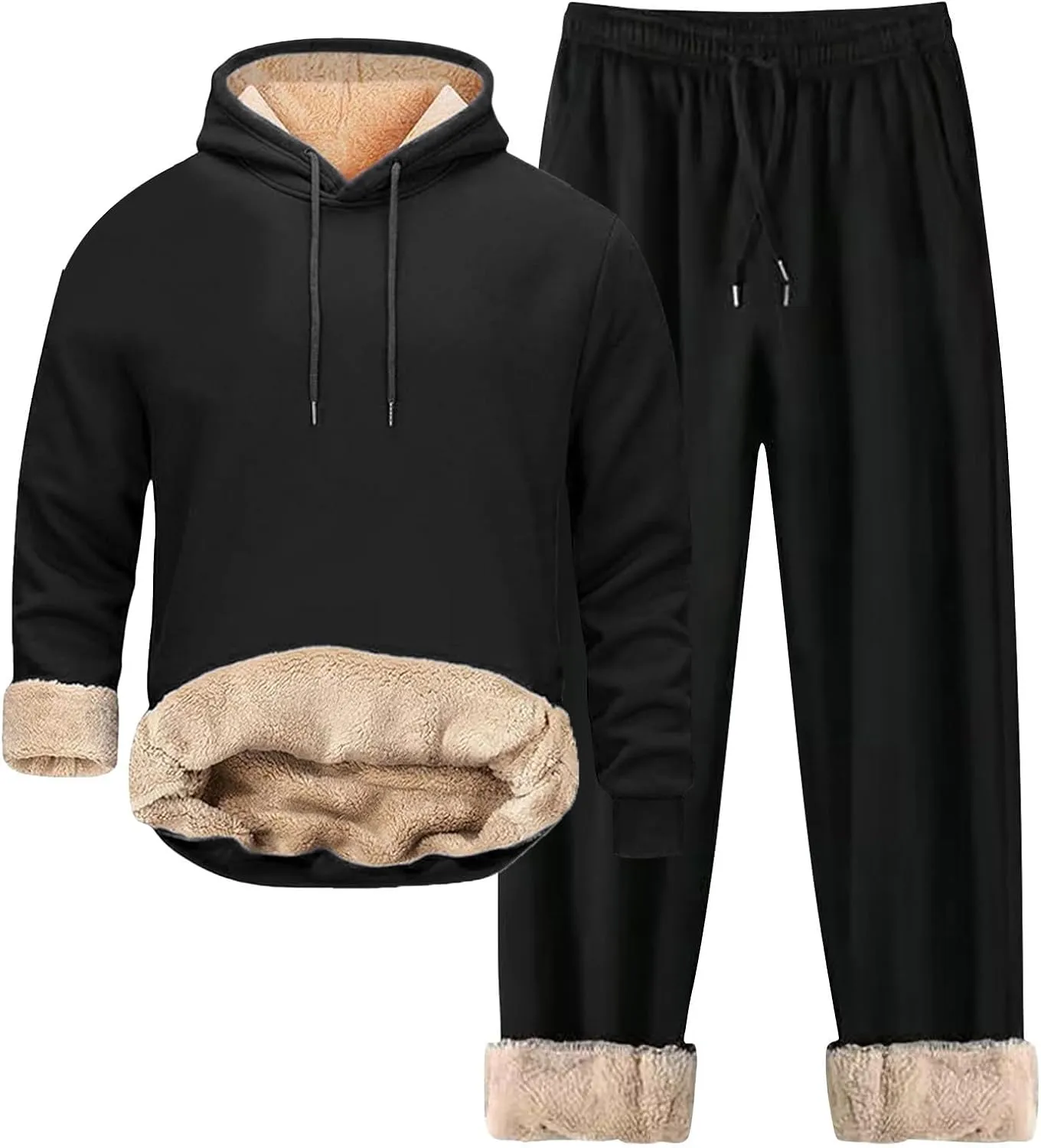 SUWBMHWE Mens Sweatsuit Sherpa Lined 2 Piece Set Hooded Sweatshirts Pullover Fleece Sweatpants Winter Thermal Tracksuits