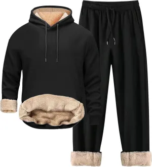 SUWBMHWE Mens Sweatsuit Sherpa Lined 2 Piece Set Hooded Sweatshirts Pullover Fleece Sweatpants Winter Thermal Tracksuits