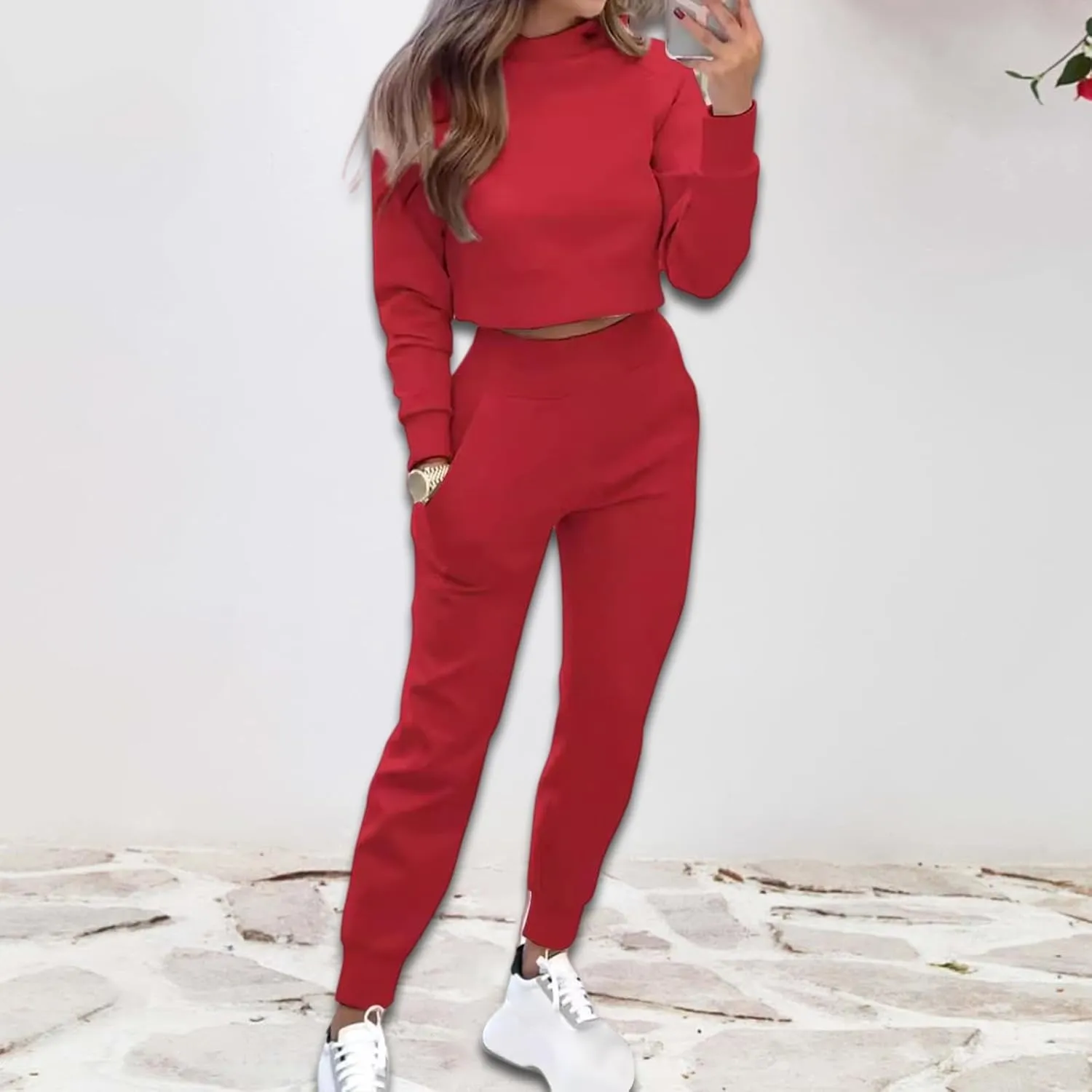 Sweat Sets for Women 2 Piece Lounge Sets Turtleneck Crop Sweatshirts and Jogger Pants Sets Workout Tracksuit Sets