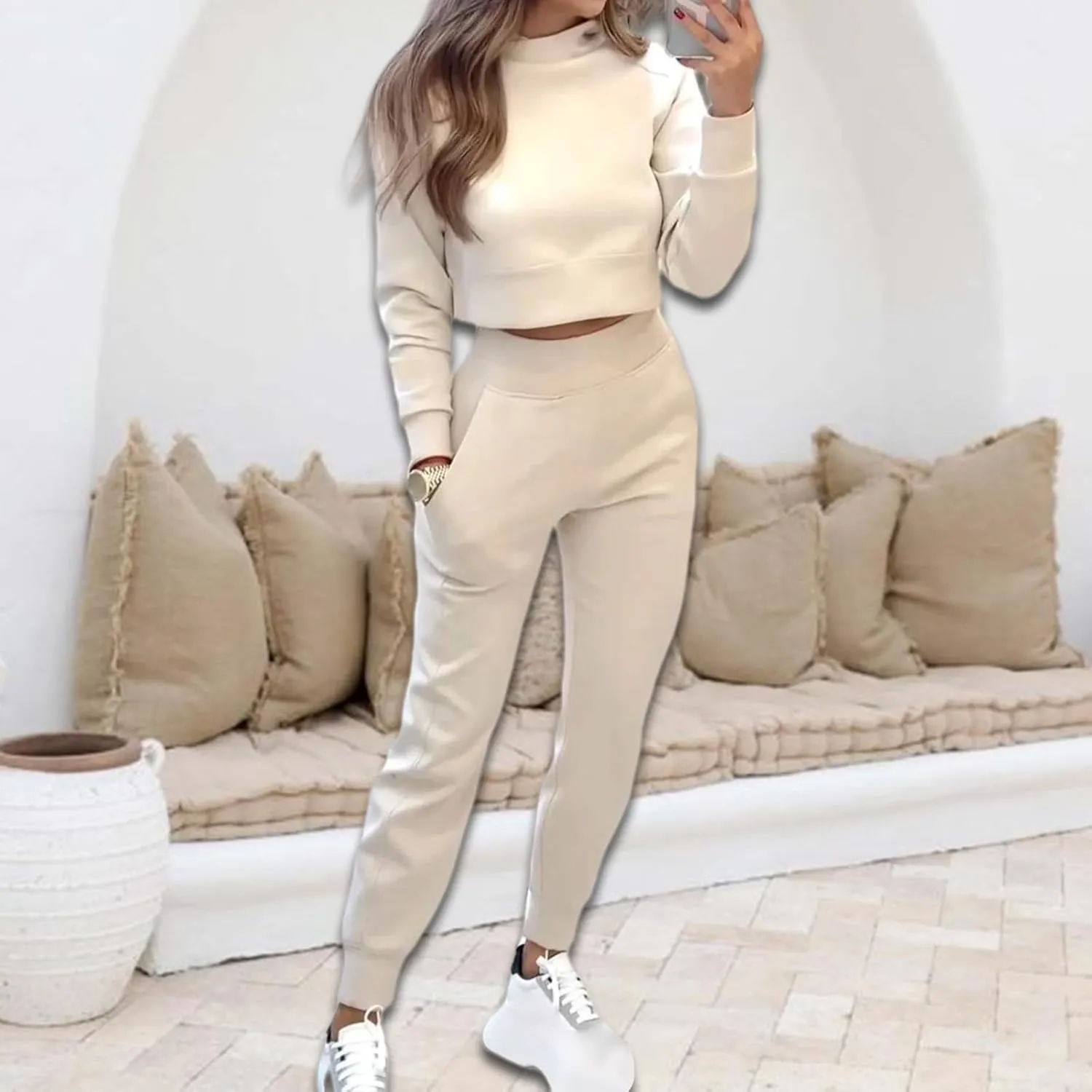 Sweat Sets for Women 2 Piece Lounge Sets Turtleneck Crop Sweatshirts and Jogger Pants Sets Workout Tracksuit Sets