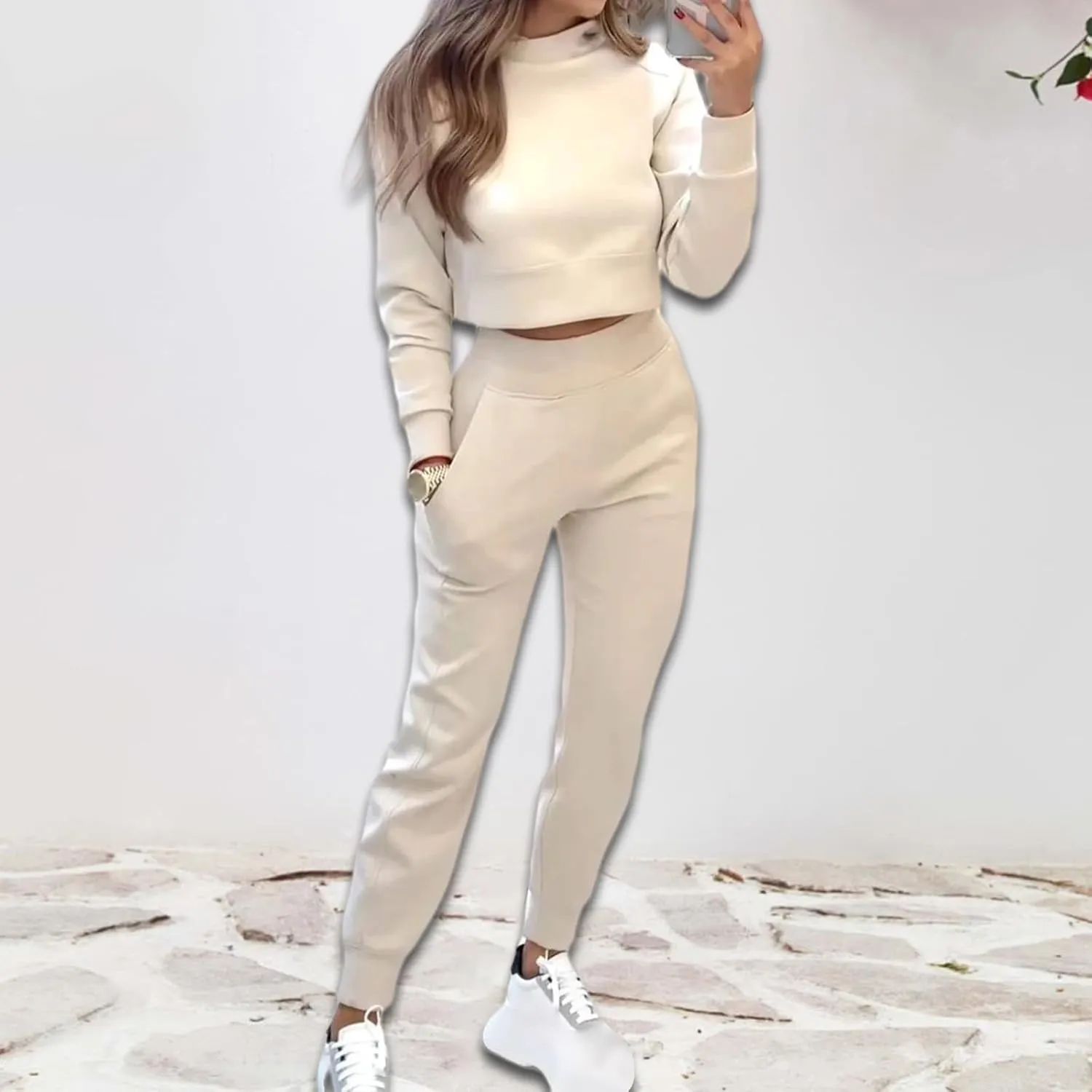 Sweat Sets for Women 2 Piece Lounge Sets Turtleneck Crop Sweatshirts and Jogger Pants Sets Workout Tracksuit Sets