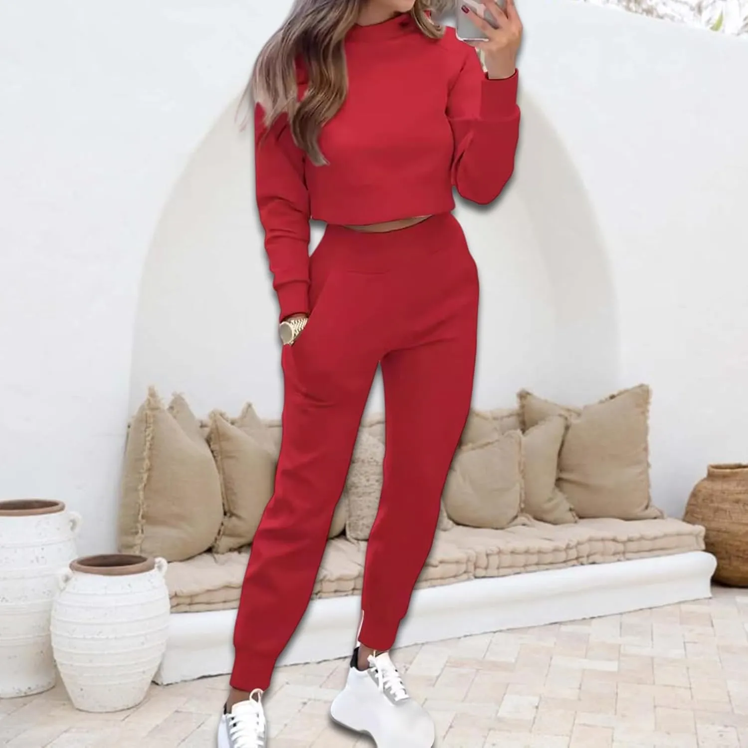 Sweat Sets for Women 2 Piece Lounge Sets Turtleneck Crop Sweatshirts and Jogger Pants Sets Workout Tracksuit Sets