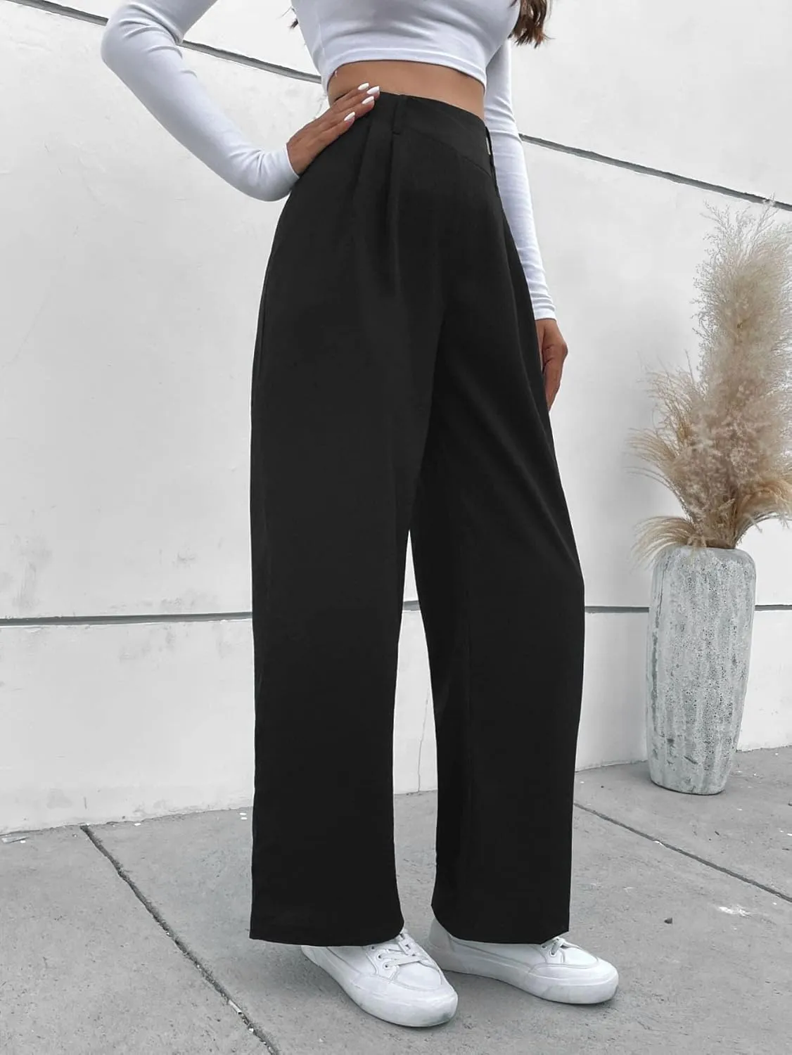 SweatyRocks Women's Asymmetric High Waist Wide Leg Straight Pants Solid Color Unique Loose Casual Suit Trousers
