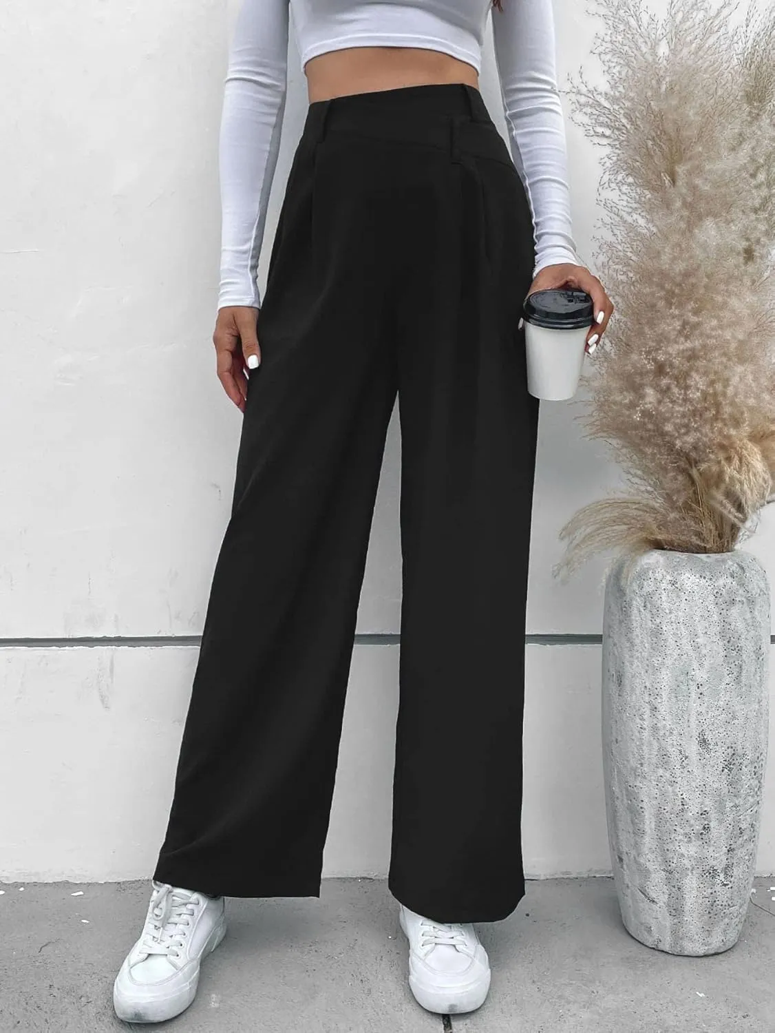 SweatyRocks Women's Asymmetric High Waist Wide Leg Straight Pants Solid Color Unique Loose Casual Suit Trousers