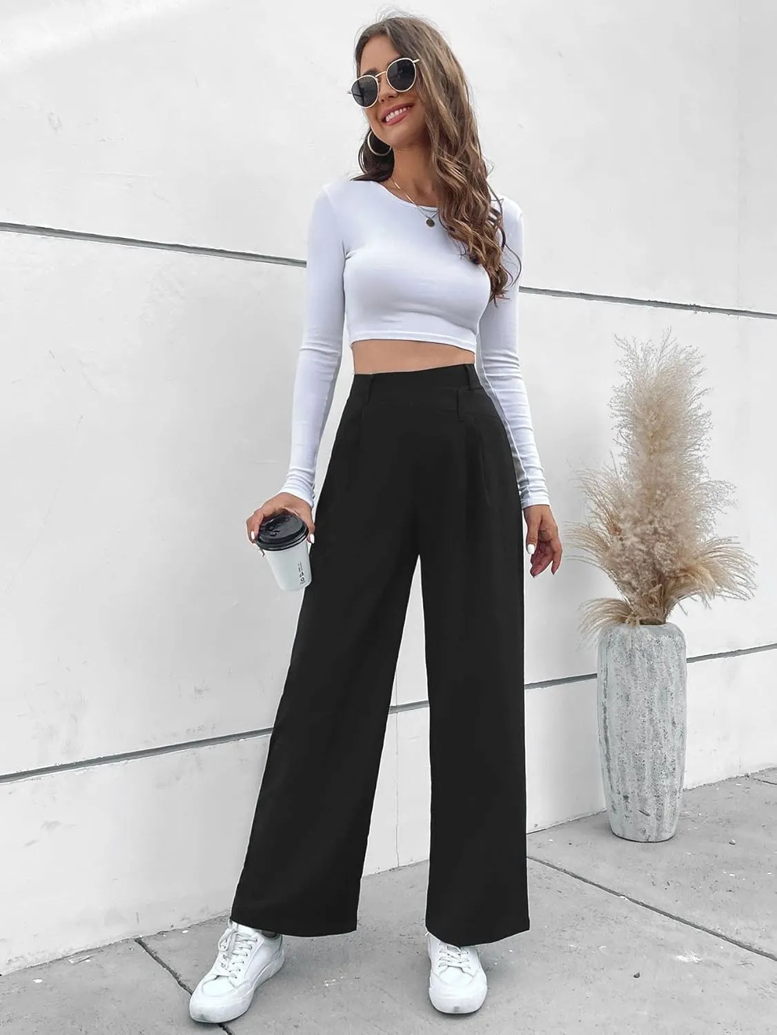 SweatyRocks Women's Asymmetric High Waist Wide Leg Straight Pants Solid Color Unique Loose Casual Suit Trousers