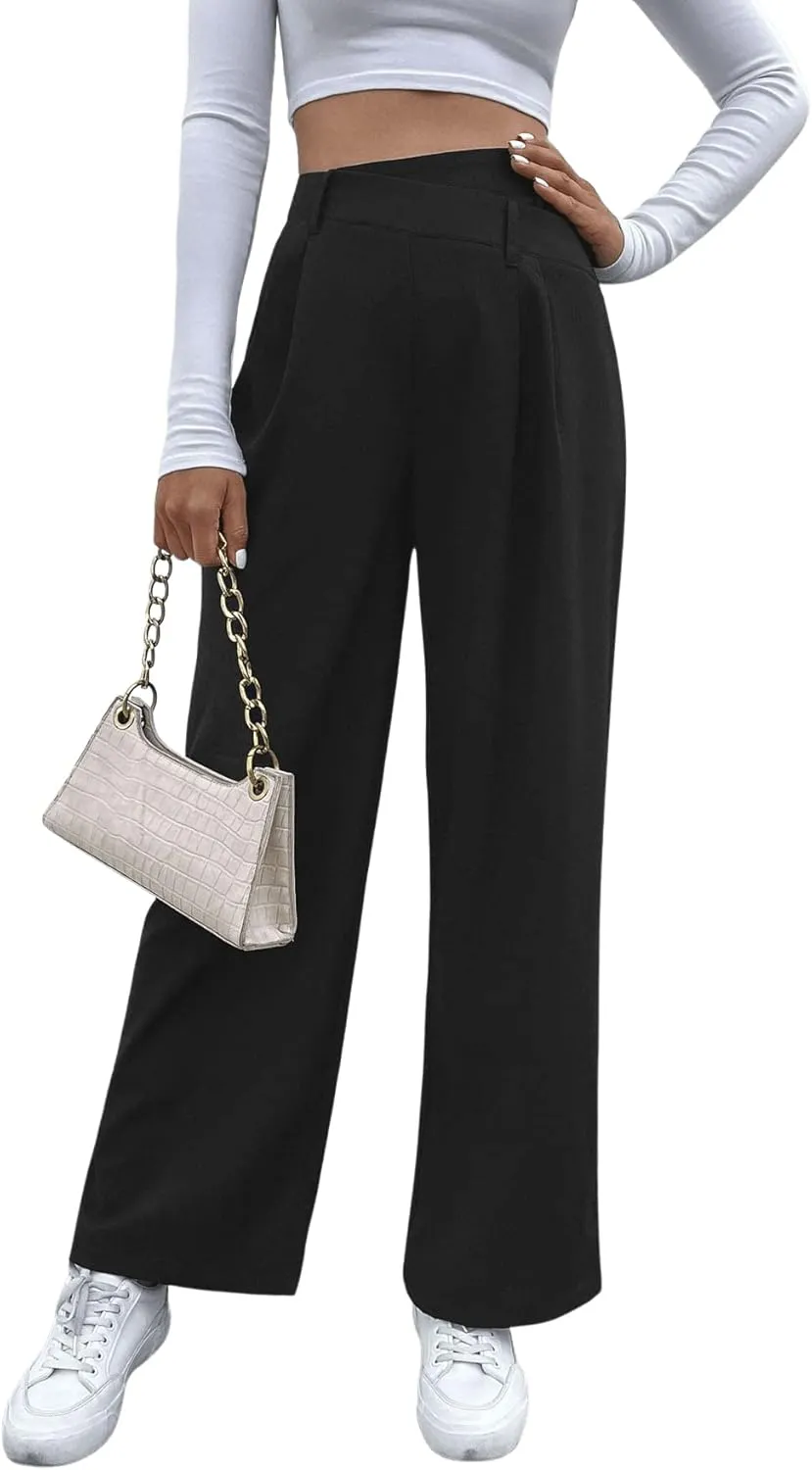 SweatyRocks Women's Asymmetric High Waist Wide Leg Straight Pants Solid Color Unique Loose Casual Suit Trousers