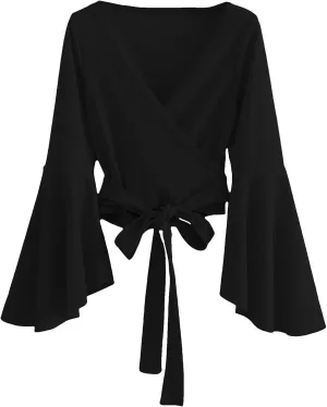 SweatyRocks Women's Long Sleeve V Neck Tie Knot Bandage Wrap Blouse Crop Top