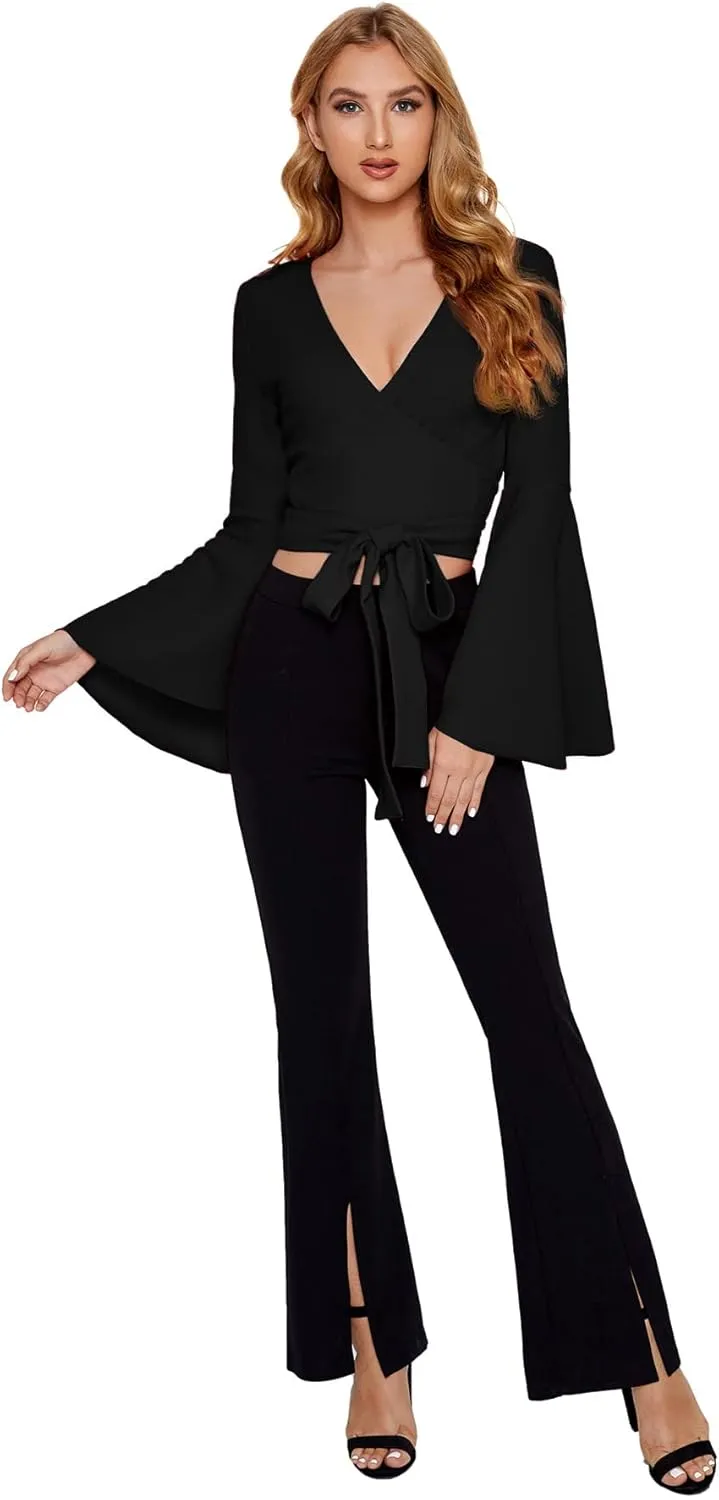 SweatyRocks Women's Long Sleeve V Neck Tie Knot Bandage Wrap Blouse Crop Top