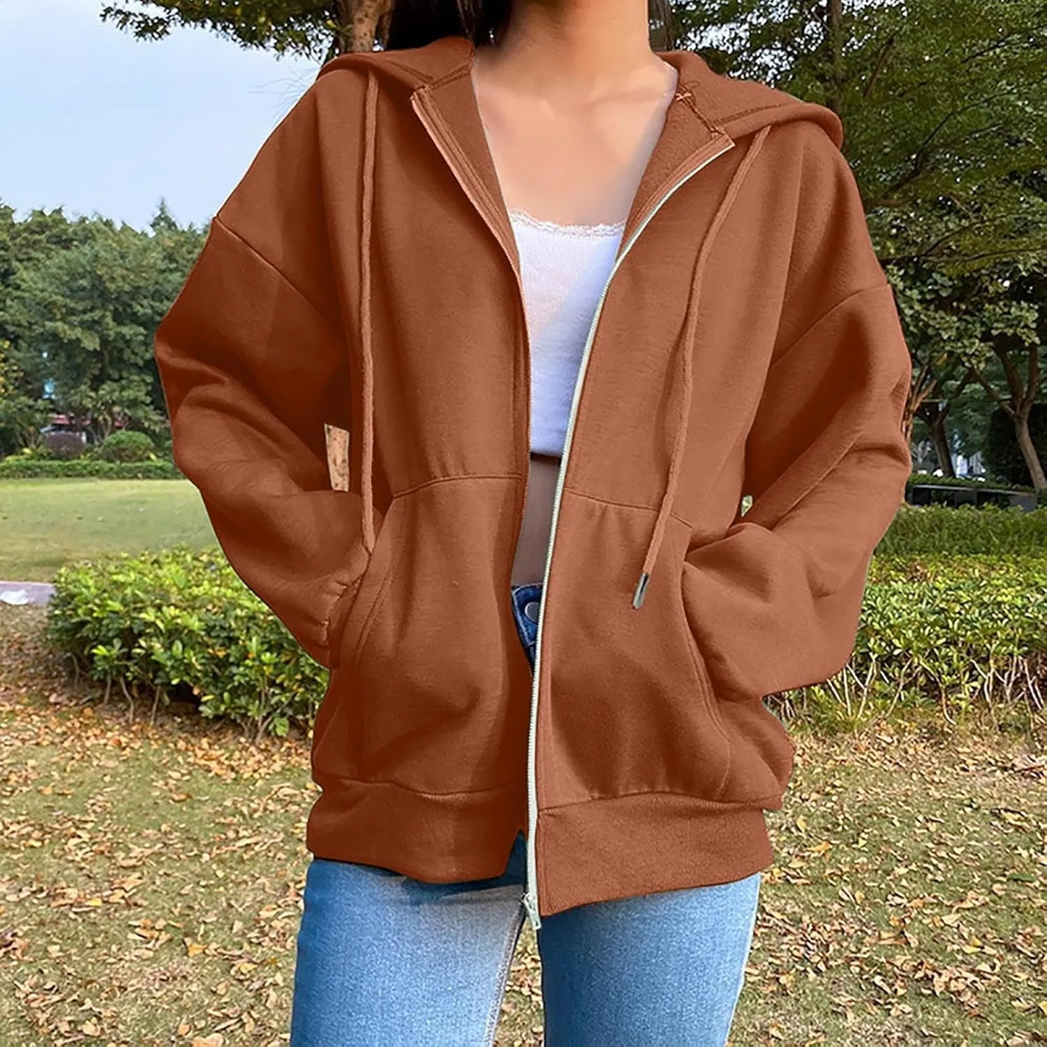 TANGNADE Women's Zip Up Hoodies Drawstring Fall Jacket Oversized Casual Sweatshirts Pullover with Pocket 2024 Winter Clothes