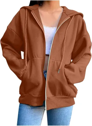 TANGNADE Women's Zip Up Hoodies Drawstring Fall Jacket Oversized Casual Sweatshirts Pullover with Pocket 2024 Winter Clothes