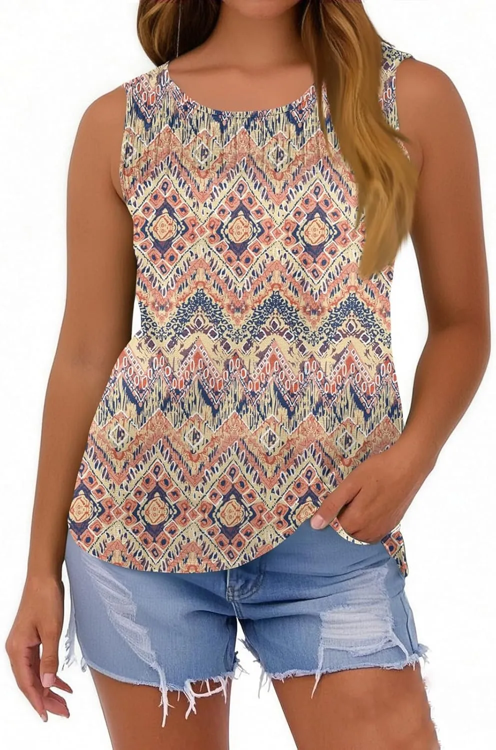 Tank Tops for Women Summer Fashion Crew Neck T Shirts Sleeveless Loose Pleated Floral Boho Tops Printed Basic Tee