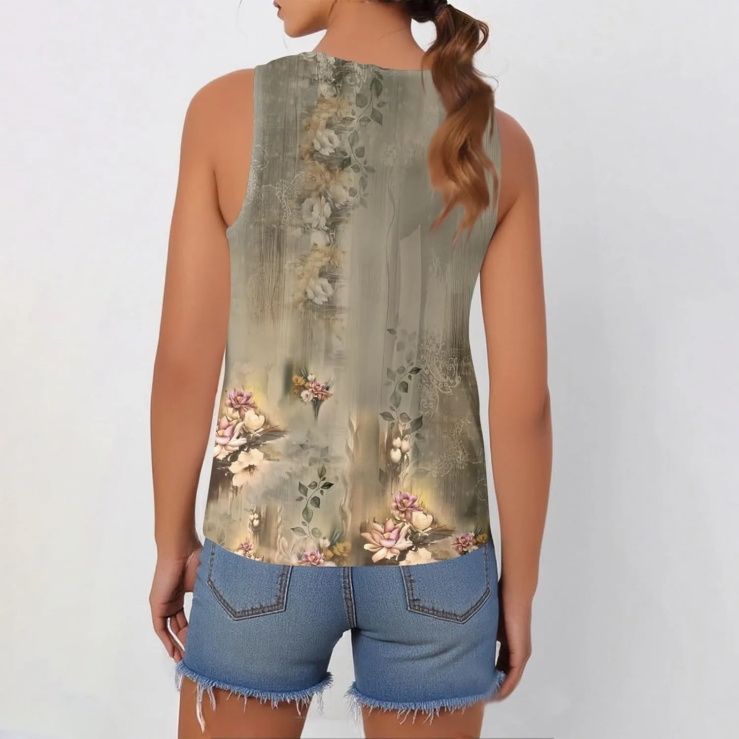 Tank Tops for Women Summer Fashion Crew Neck T Shirts Sleeveless Loose Pleated Floral Boho Tops Printed Basic Tee