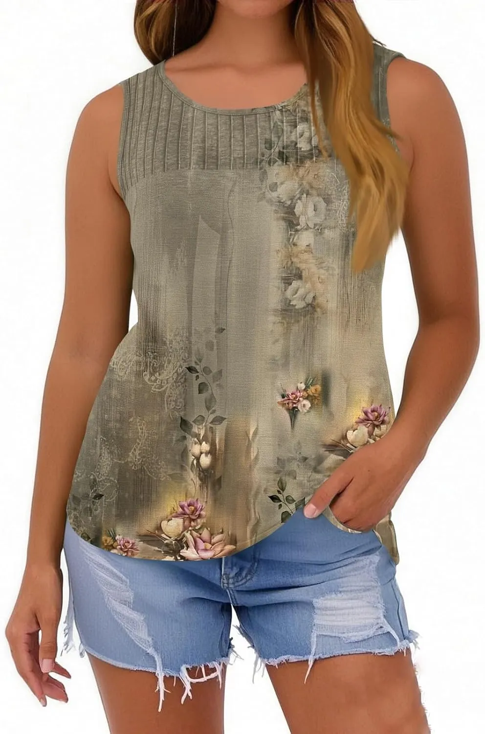 Tank Tops for Women Summer Fashion Crew Neck T Shirts Sleeveless Loose Pleated Floral Boho Tops Printed Basic Tee