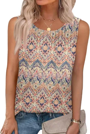 Tank Tops for Women Summer Fashion Crew Neck T Shirts Sleeveless Loose Pleated Floral Boho Tops Printed Basic Tee