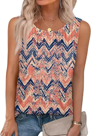 Tank Tops for Women Summer Fashion Crew Neck T Shirts Sleeveless Loose Pleated Floral Boho Tops Printed Basic Tee