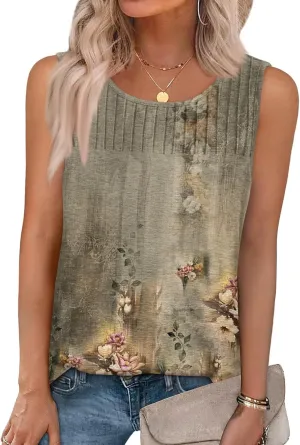 Tank Tops for Women Summer Fashion Crew Neck T Shirts Sleeveless Loose Pleated Floral Boho Tops Printed Basic Tee