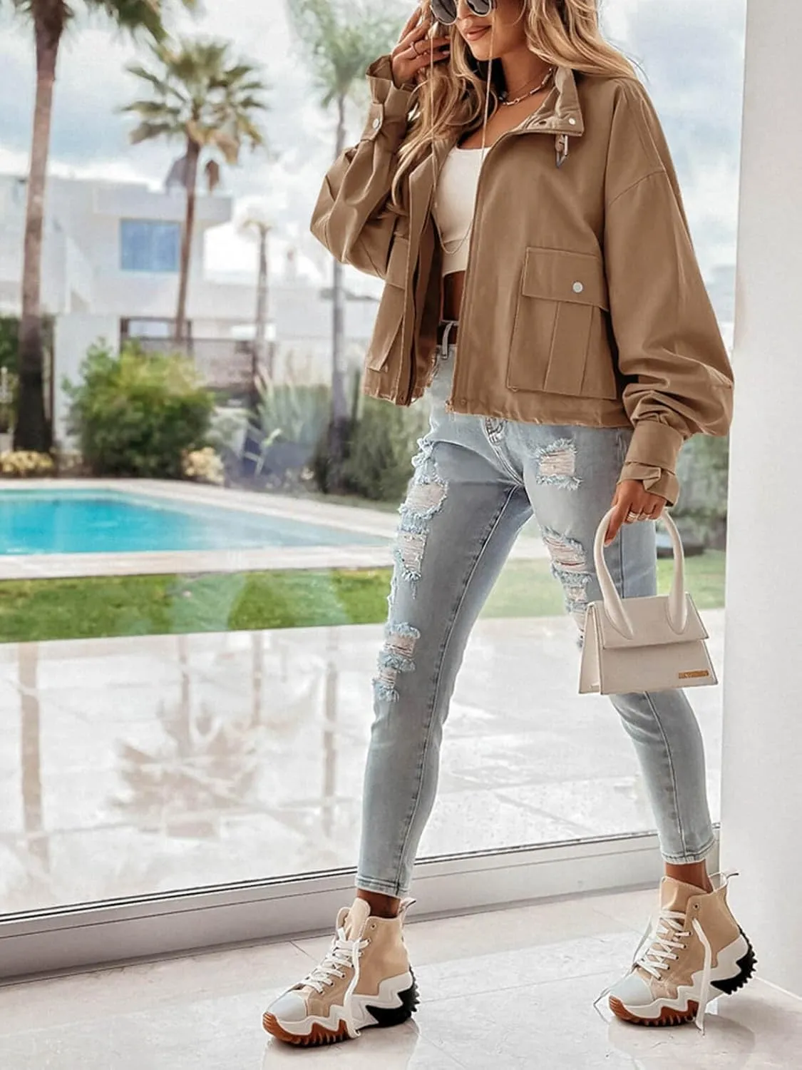 Tankaneo Womens Cropped Bomber Jacket Long Sleeve Zip Up Casual Coats Loose Fit Outerwear with Pockets