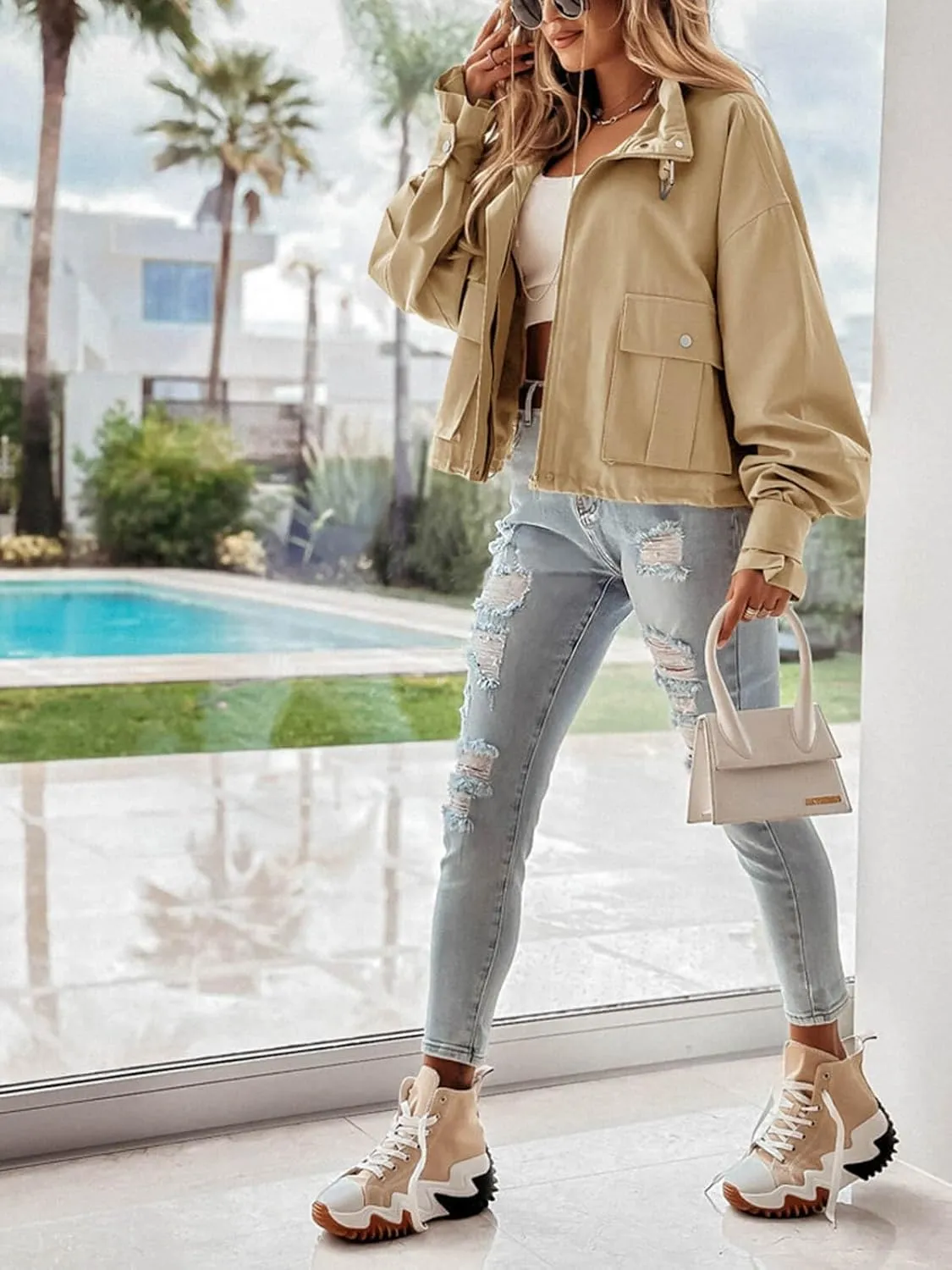 Tankaneo Womens Cropped Bomber Jacket Long Sleeve Zip Up Casual Coats Loose Fit Outerwear with Pockets