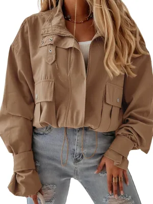 Tankaneo Womens Cropped Bomber Jacket Long Sleeve Zip Up Casual Coats Loose Fit Outerwear with Pockets