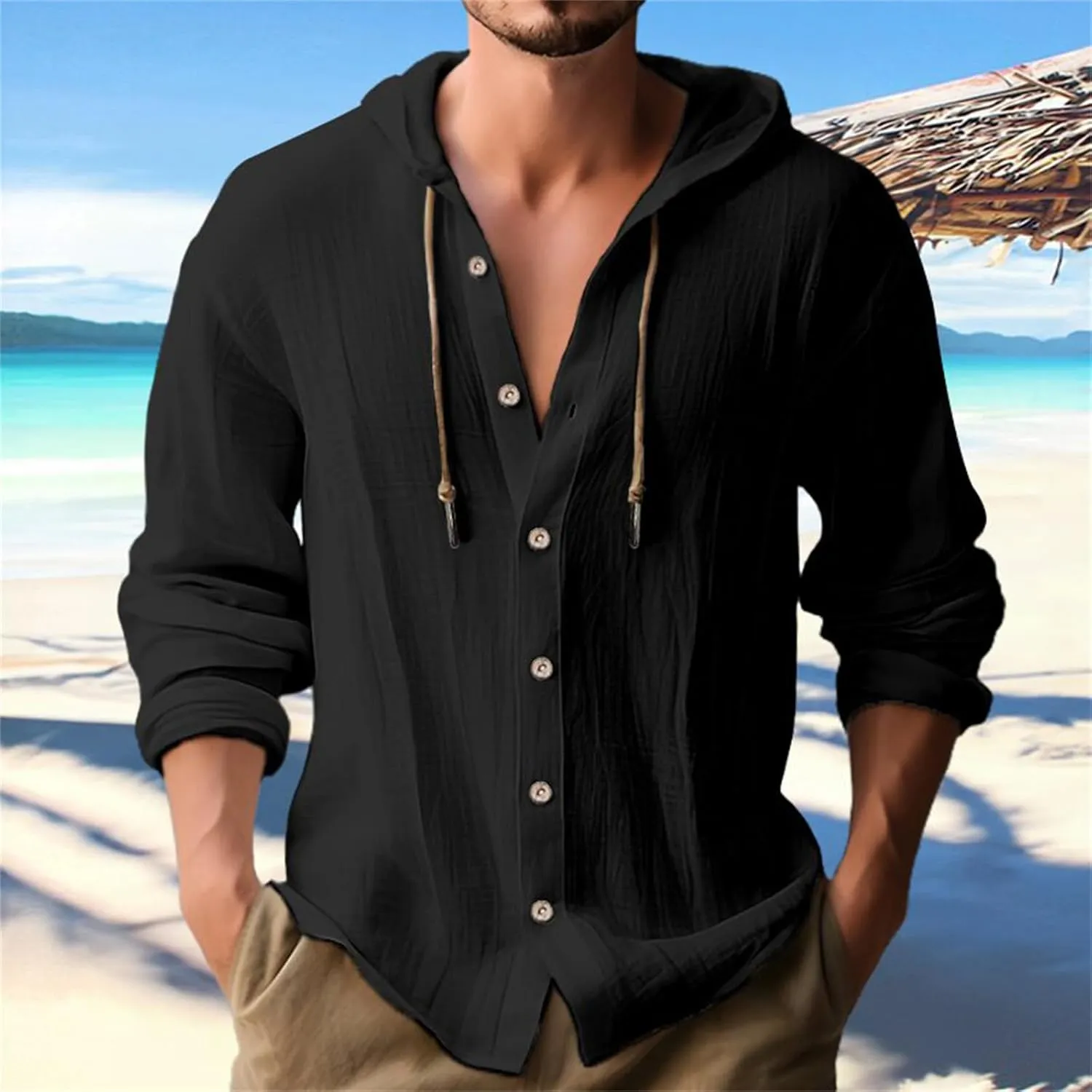 Tshirts for Men Cotton Linen Button Up Hoodies Loose Solid Pullovers Long Sleeve Casual Spring Hooded Blouses Tops
