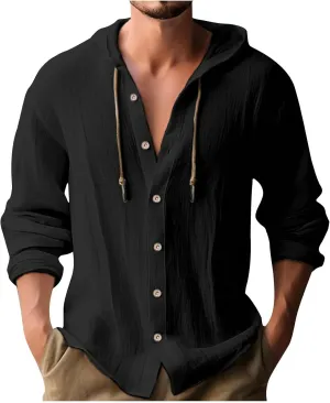 Tshirts for Men Cotton Linen Button Up Hoodies Loose Solid Pullovers Long Sleeve Casual Spring Hooded Blouses Tops