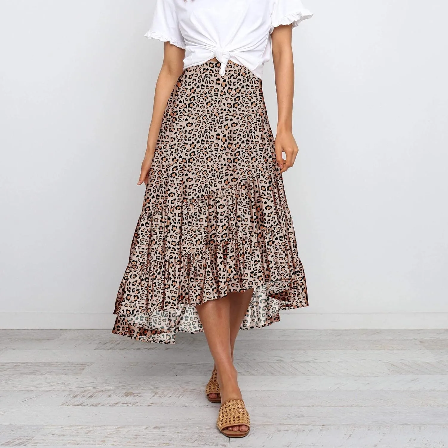 tuduoms Summer Womens Boho Beach Skirts Cute High Waist Disty Floral Flowy Skirts A-Line Tiered Ruffle High Low Swing Skirts