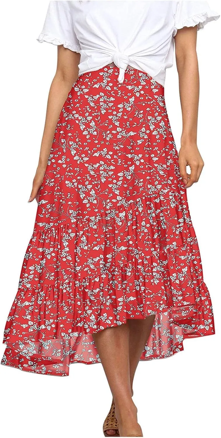 tuduoms Summer Womens Boho Beach Skirts Cute High Waist Disty Floral Flowy Skirts A-Line Tiered Ruffle High Low Swing Skirts