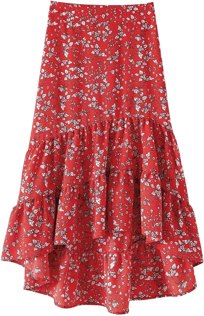 tuduoms Summer Womens Boho Beach Skirts Cute High Waist Disty Floral Flowy Skirts A-Line Tiered Ruffle High Low Swing Skirts