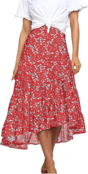 tuduoms Summer Womens Boho Beach Skirts Cute High Waist Disty Floral Flowy Skirts A-Line Tiered Ruffle High Low Swing Skirts