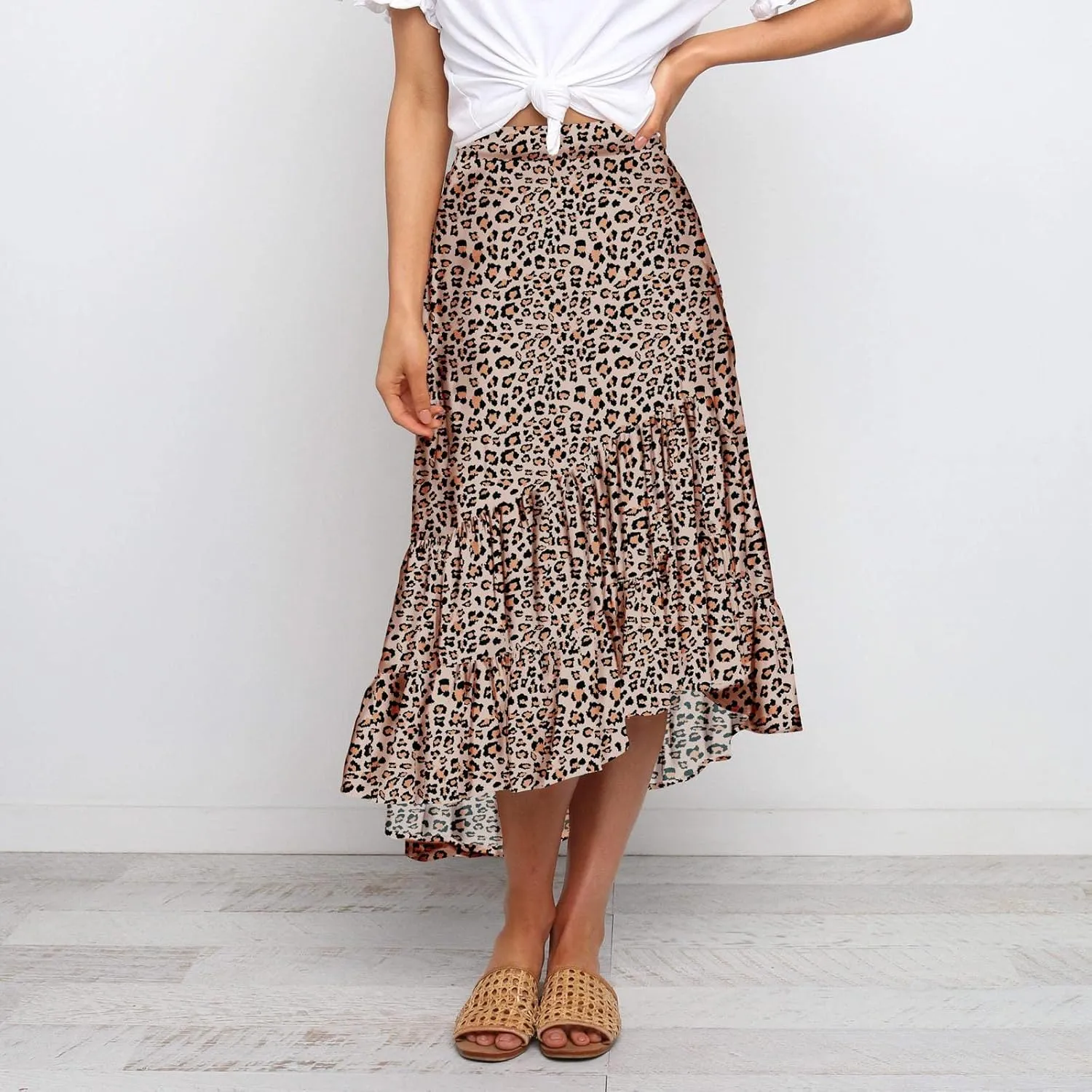 tuduoms Summer Womens Boho Beach Skirts Cute High Waist Disty Floral Flowy Skirts A-Line Tiered Ruffle High Low Swing Skirts
