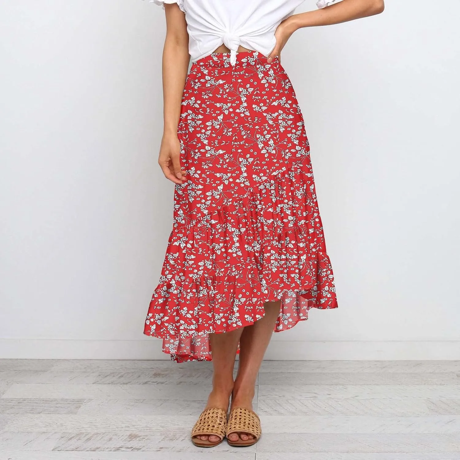 tuduoms Summer Womens Boho Beach Skirts Cute High Waist Disty Floral Flowy Skirts A-Line Tiered Ruffle High Low Swing Skirts