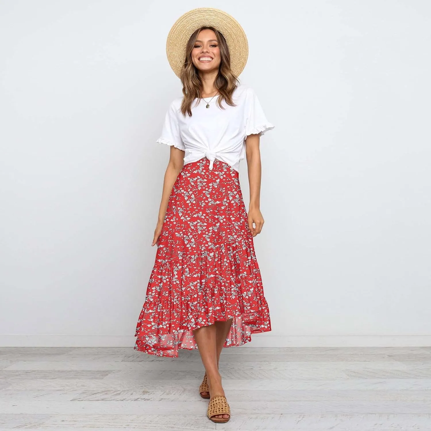 tuduoms Summer Womens Boho Beach Skirts Cute High Waist Disty Floral Flowy Skirts A-Line Tiered Ruffle High Low Swing Skirts