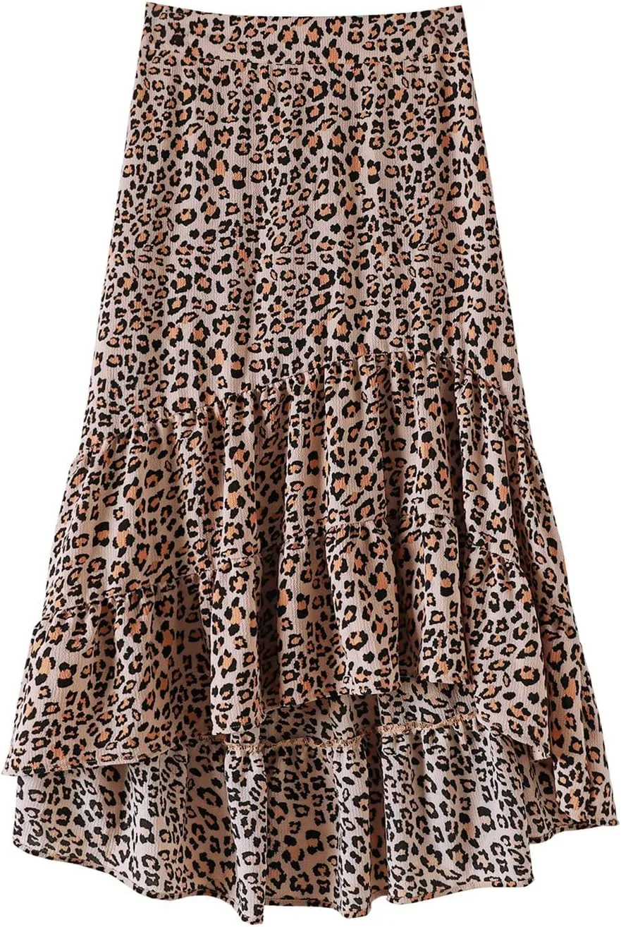 tuduoms Summer Womens Boho Beach Skirts Cute High Waist Disty Floral Flowy Skirts A-Line Tiered Ruffle High Low Swing Skirts
