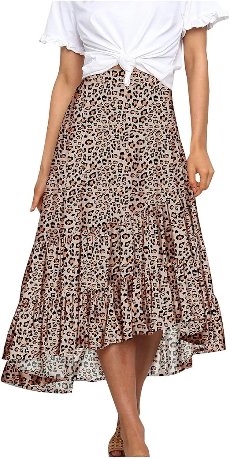 tuduoms Summer Womens Boho Beach Skirts Cute High Waist Disty Floral Flowy Skirts A-Line Tiered Ruffle High Low Swing Skirts