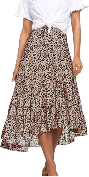 tuduoms Summer Womens Boho Beach Skirts Cute High Waist Disty Floral Flowy Skirts A-Line Tiered Ruffle High Low Swing Skirts