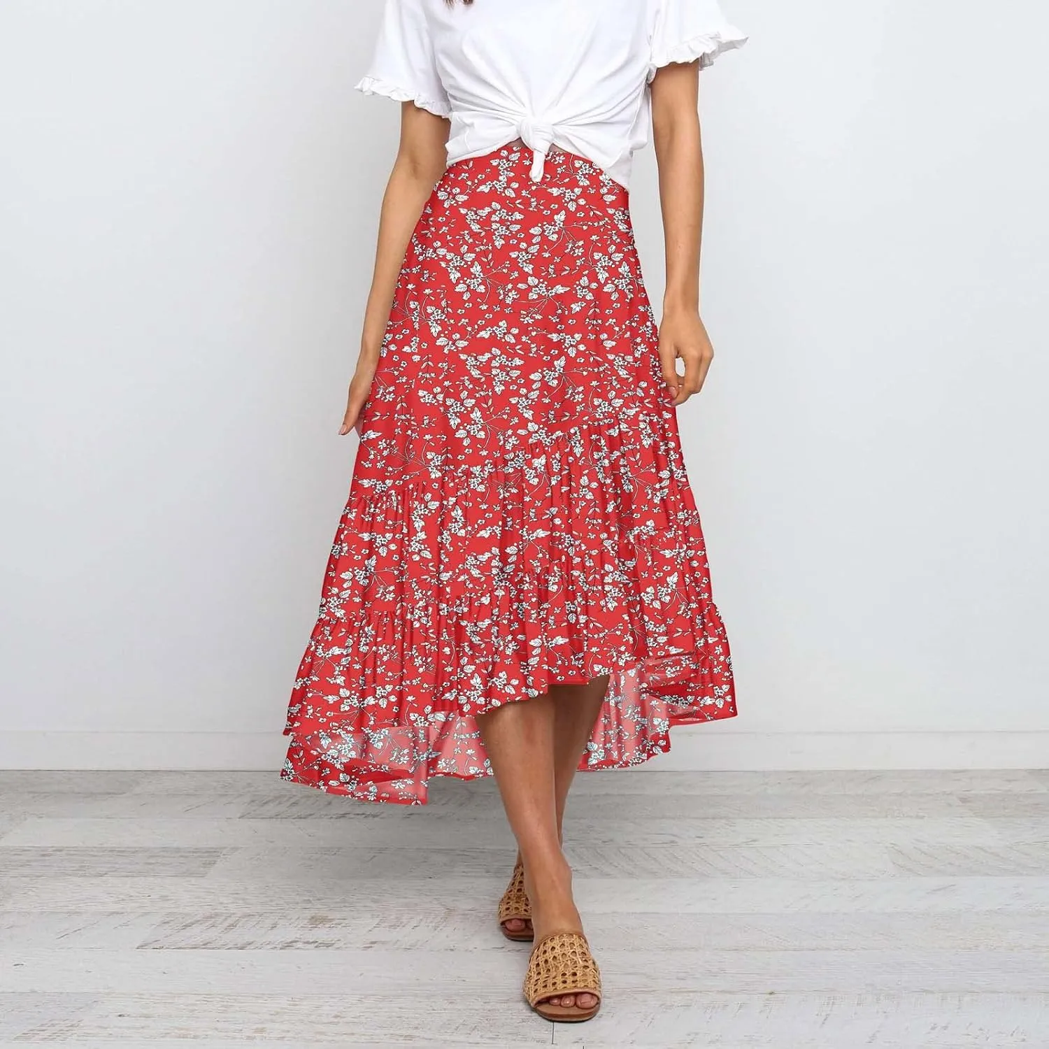 tuduoms Summer Womens Boho Beach Skirts Cute High Waist Disty Floral Flowy Skirts A-Line Tiered Ruffle High Low Swing Skirts