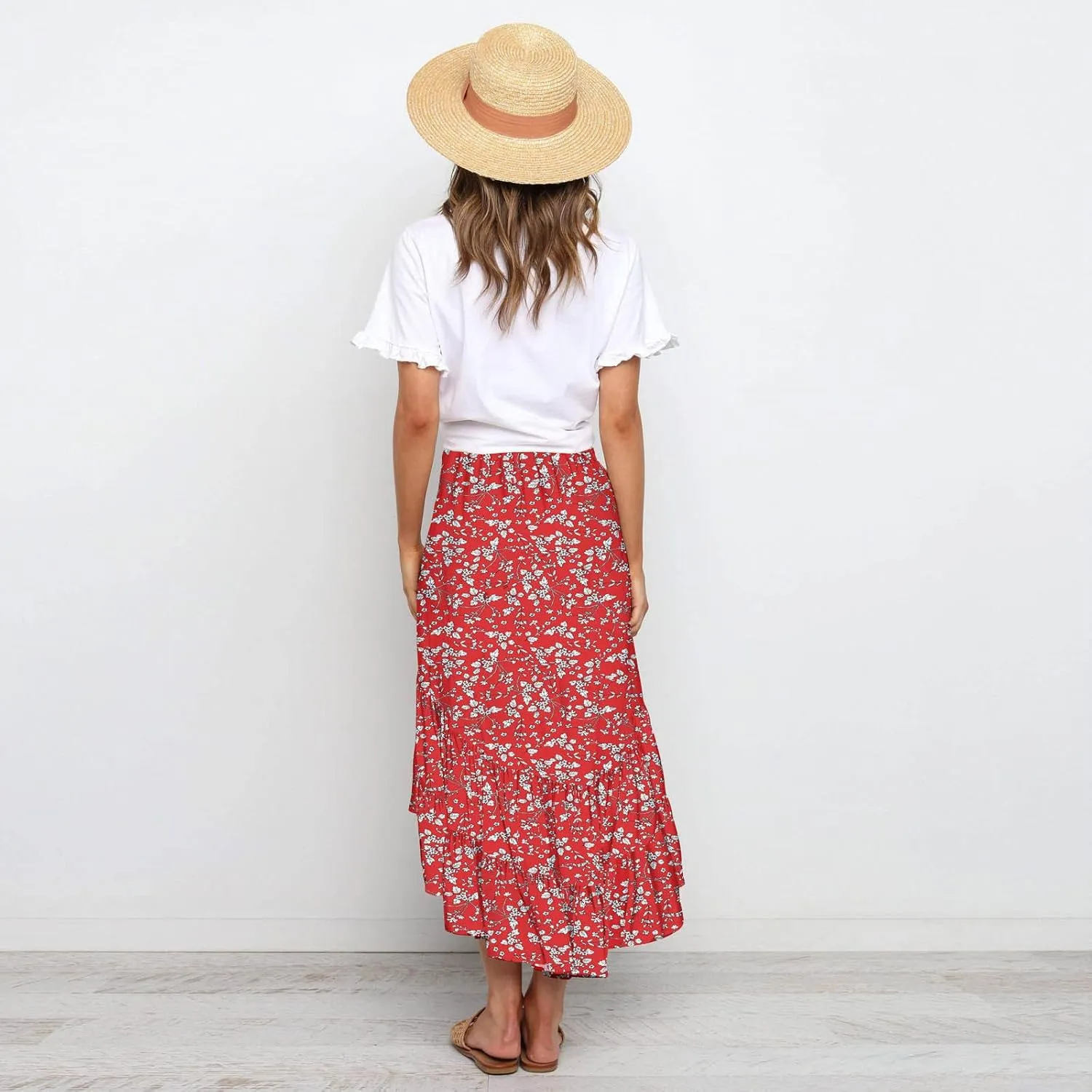 tuduoms Summer Womens Boho Beach Skirts Cute High Waist Disty Floral Flowy Skirts A-Line Tiered Ruffle High Low Swing Skirts