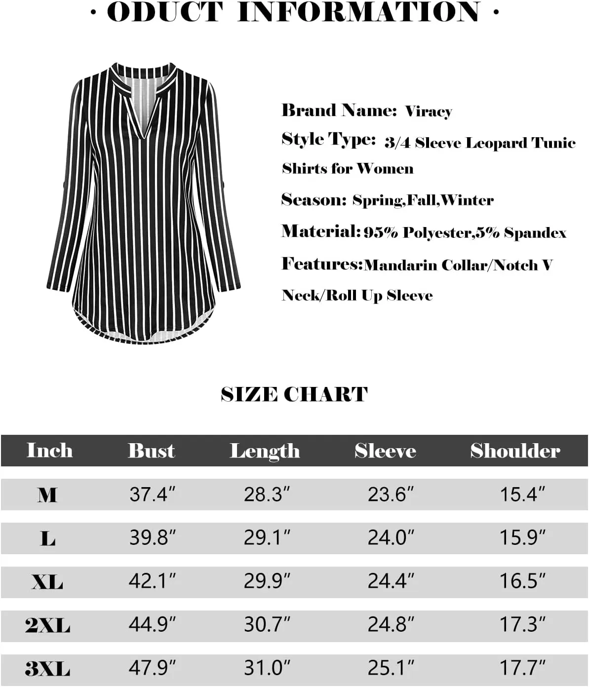Viracy Womens 3/4 Roll Sleeve Shirt Notch V Neck Loose Pattern Tunic Top
