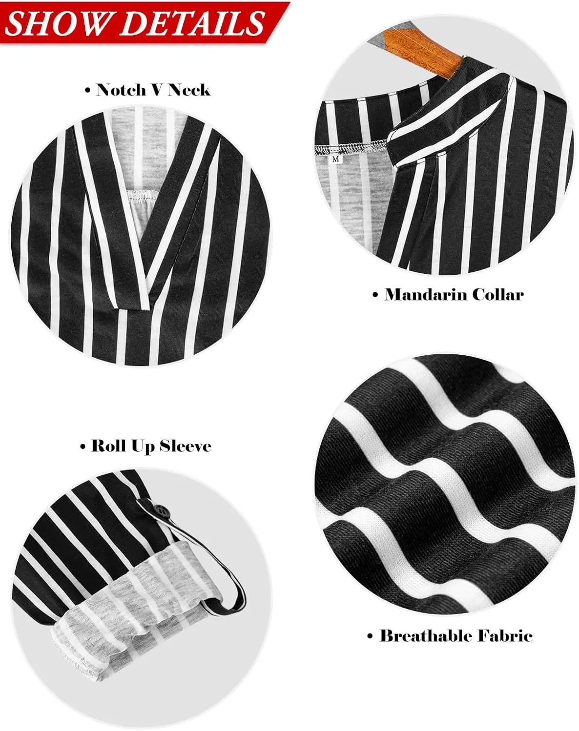 Viracy Womens 3/4 Roll Sleeve Shirt Notch V Neck Loose Pattern Tunic Top