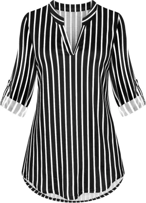 Viracy Womens 3/4 Roll Sleeve Shirt Notch V Neck Loose Pattern Tunic Top