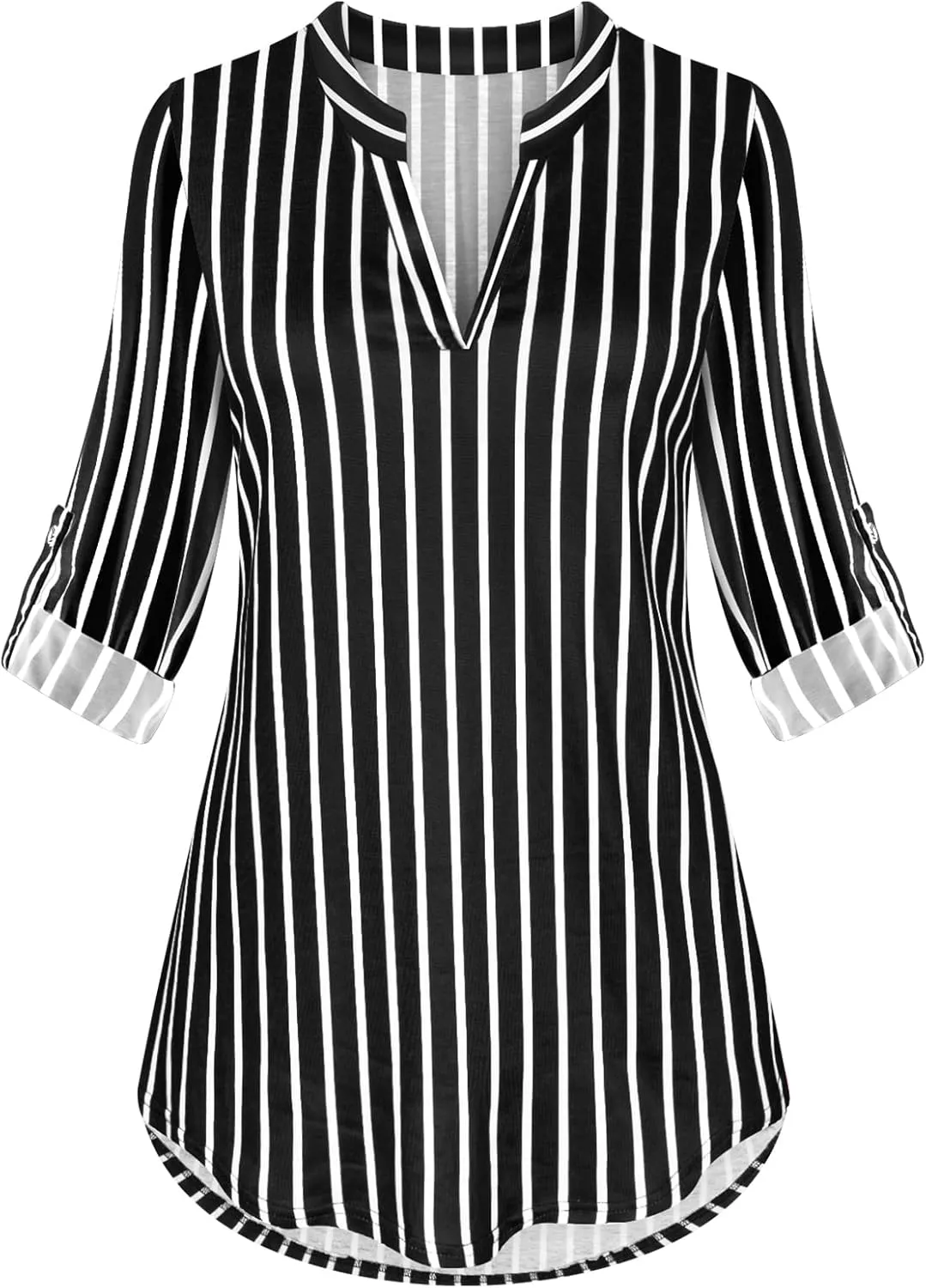 Viracy Womens 3/4 Roll Sleeve Shirt Notch V Neck Loose Pattern Tunic Top