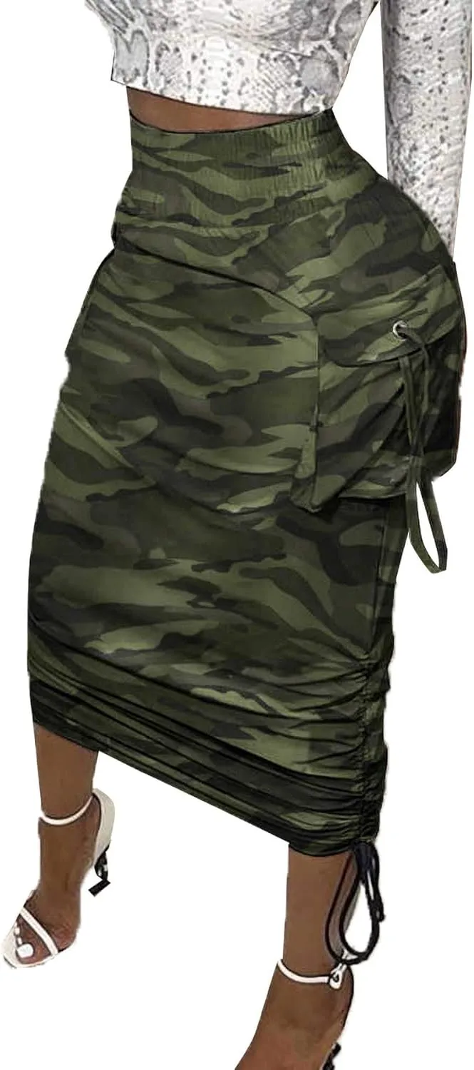 Voghtic Camo Skirts for Women High Waisted Ruched Drawstring Long Pencil Skirts with Pockets