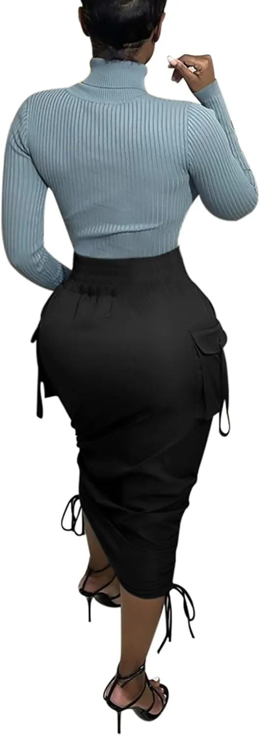 Voghtic Camo Skirts for Women High Waisted Ruched Drawstring Long Pencil Skirts with Pockets