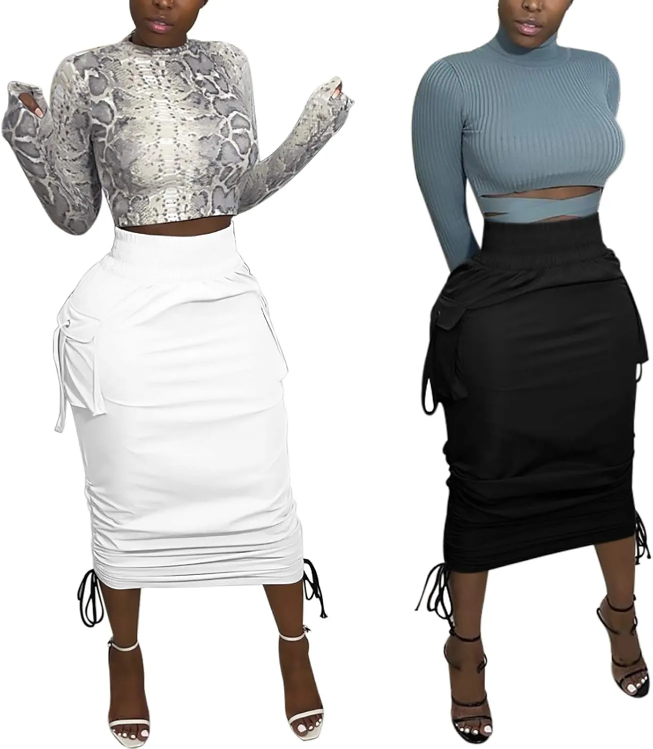 Voghtic Camo Skirts for Women High Waisted Ruched Drawstring Long Pencil Skirts with Pockets