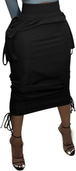 Voghtic Camo Skirts for Women High Waisted Ruched Drawstring Long Pencil Skirts with Pockets